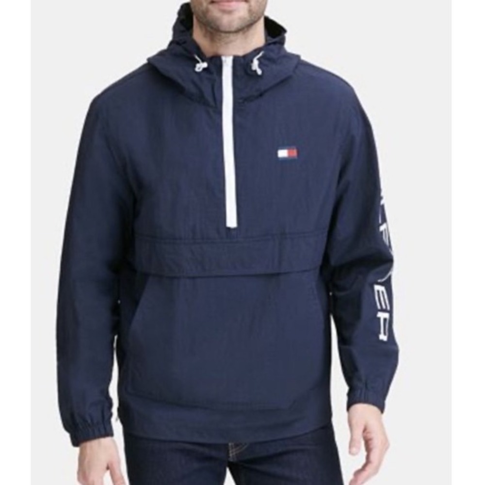 Tommy Hilfiger Men's L Navy Blue Quarter Zip Hooded Windbreaker Jacket  Logo